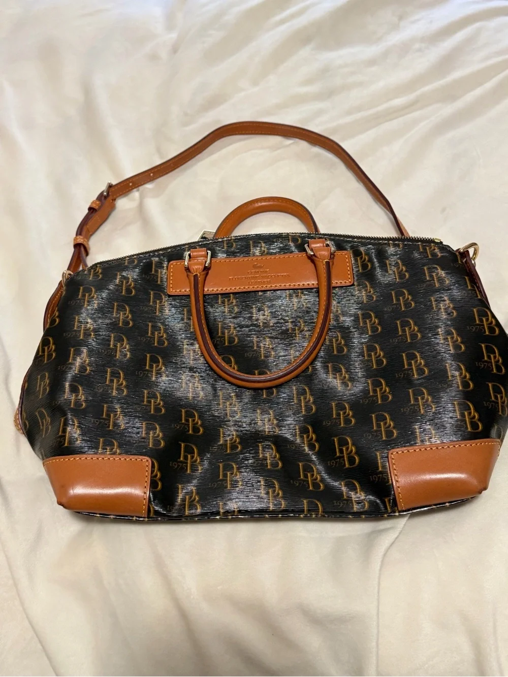 Dooney & Bourke Vanessa 1975 Signature Satchel with Tan Leather Trim